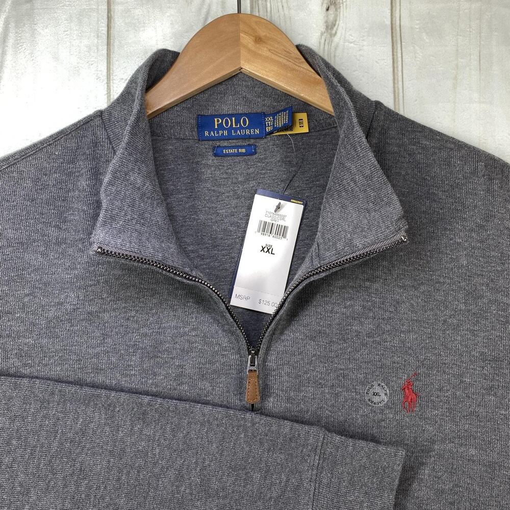 PRL 1/4 Zip Estate Rib Sweater Mens 2XL Gray Pony Logo XXL